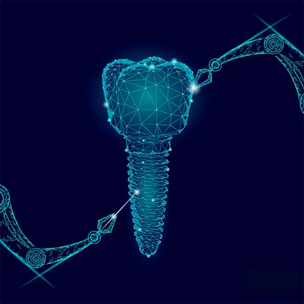 A 3D tooth suspended over high-tech digital displays