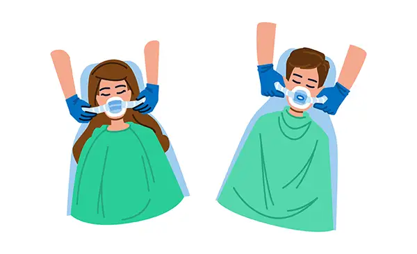 Illustration of two patients receiving nitrous oxide sedation in a dental chair.